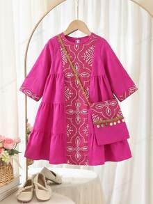 SHEIN Baby Girl Fuchsia Gold Woven Strap Multilayer A-Line Dress - Pink - View 5