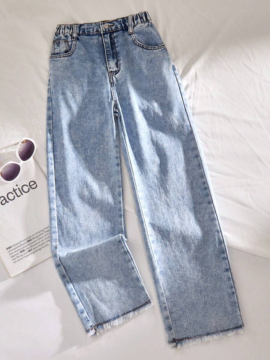 SHEIN Jeansy dla nastolatek z szerokimi nogawkami i wzorem w płatki śniegu, sprane, z kieszeniami i postrzępionymi brzegami, w kolorze vintage z przetarciami, w stylu uniwersyteckim Y2K, na co dzień, urocze, retro, odpowiednie na jesień/zimę, codzienne wyjścia, do szkoły, dojazdy do pracy, imprezy, do domu, na wakacje, na sezon powrotu do szkoły - Niebieski - Zobacz 1