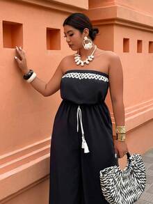 SHEIN LUNE Bộ áo liền quần in họa tiết dáng quây, thắt eo, cỡ lớn dành cho nữ, thích hợp cho kỳ nghỉ và mặc hàng ngày, mùa xuân/hè. - Đen và trắng - Xem 4