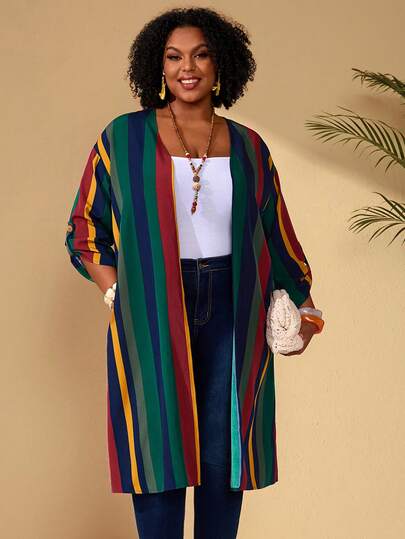 EMERY ROSE Plus Size Women Vacation Striped Roll-Up Sleeve Casual Loose Jacket/Summer