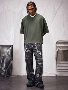 Manfinity RebelGame Men's Oversized Letter Print Round Neck Drop Shoulder Short Sleeve T-Shirt, Suitable For Summer - Green - View 4