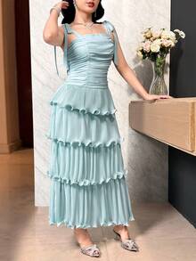 女士优雅约会派对纯色系带打结多层褶皱下摆收腰连衣裙，夏季 - 淺藍色 - 查看 6