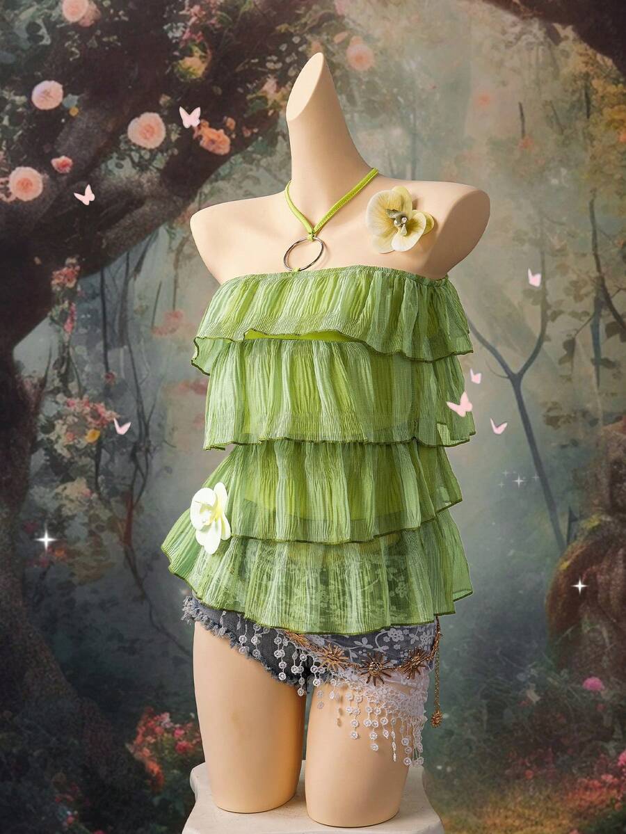 EgrlEra Áo hai dây nữ nhiều màu sắc, hơi trong suốt, gợi cảm, cổ khoét sâu, buộc dây, trang trí khóa kim loại, hở lưng, viền bèo nhún, thích hợp cho mùa xuân, hè, thu. - Nhiều màu - Xem 1
