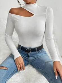 CovetEZ 大码镂空露肩优雅长袖T恤，秋冬款 - 白色 - 查看 3