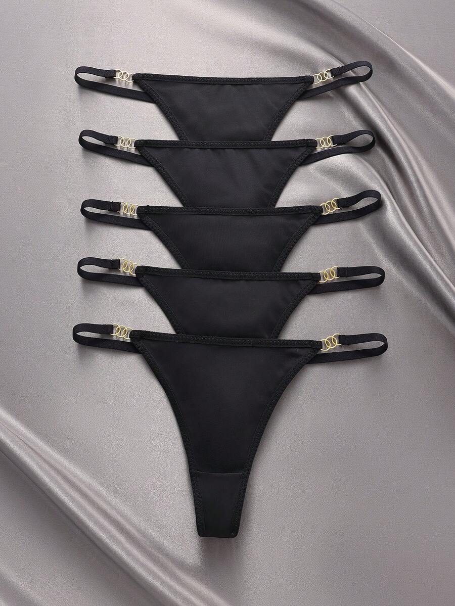 EmpressEnvy Paquete de 5 tangas de mujer de unicolor, con tirantes delgados y tiro bajo - Negro - Ver 1