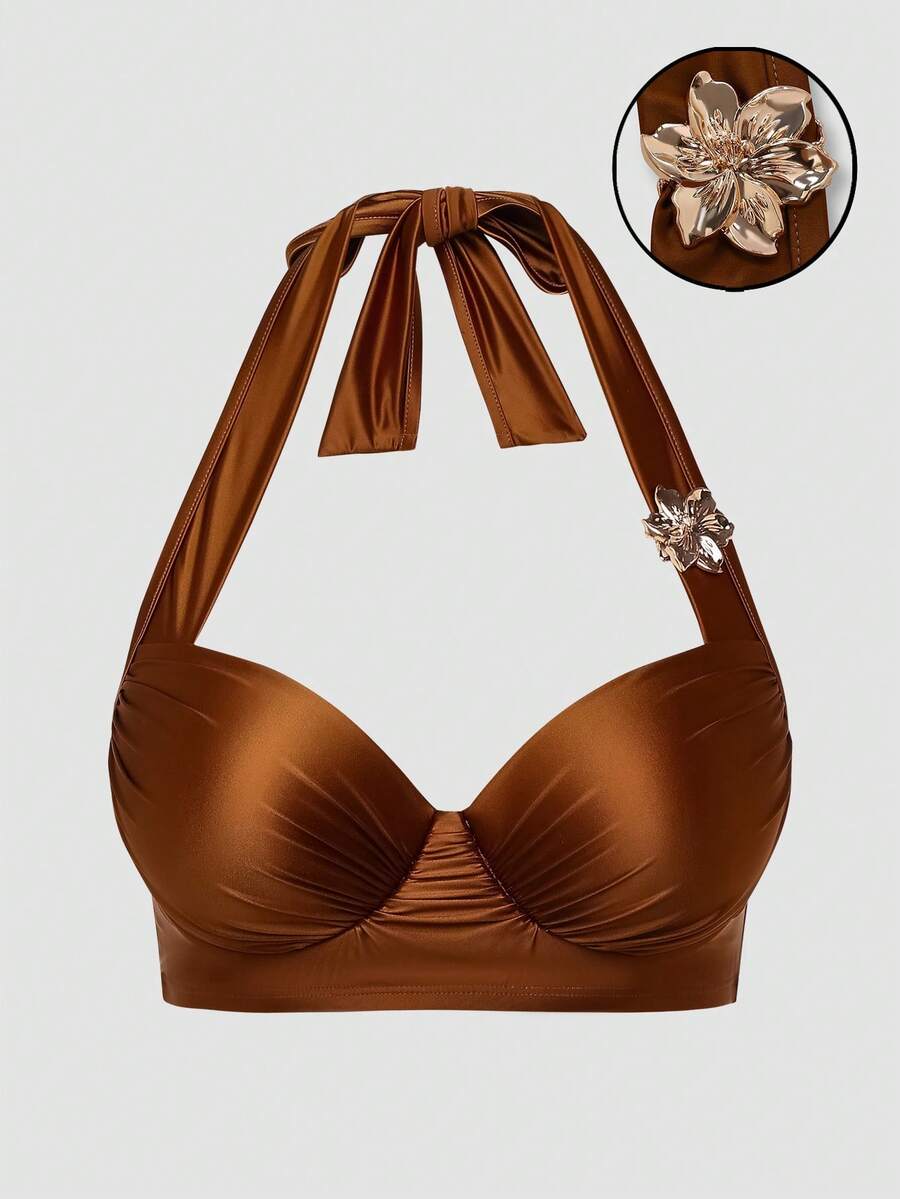 Sweetra Plus Size Women Solid Color Halter Underwire Bikini Top - Coffee Brown - View 1