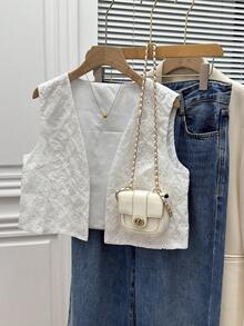 Franclia 女士刺绣镂空开襟休闲背心外套 - 白色 - 查看 4