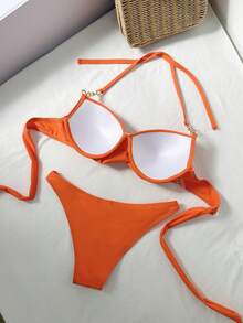 Swim SXY Bộ bikini nữ mùa hè đi biển, kiểu dáng dây xích chéo trang trí, hở lưng, buộc dây phía trước, có gọng nâng ngực. - trái cam - Xem 2