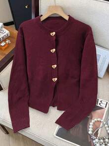 Franclia Autumn/Winter Round Neck Knitted Heart Button Cardigan, Elegant For Everyday Wear