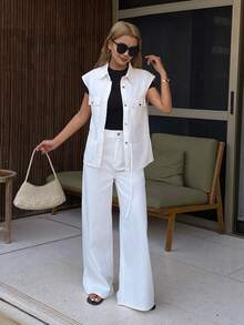 DAZY Women's Denim Collared Sleeveless Cropped Top And Wide Leg Pants Casual Denim Suit - White - View 4