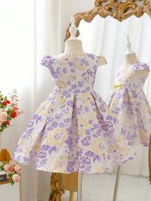 SHEIN Glamorique Kids 女童优雅提花公主裙，适合节日、派对、聚会、夏季穿着 - 淡紫色 - 查看 2