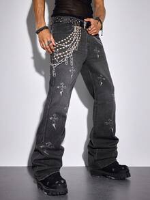 ROMWE MEN 男士休闲水洗十字架字母链印花牛仔裤 - 黑色 - 查看 1