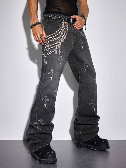 ROMWE MEN Men's Casual Washed Cross & Letter Chain Print Denim Jeans