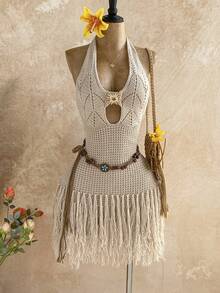 Soleia 女士V领露背系带修身针织连衣裙，波西米亚风，度假风，秋冬款 - 卡其色 - 查看 1