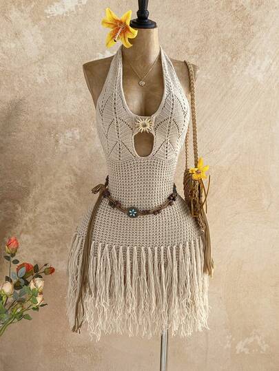 Soleia 女士V领露背系带修身针织连衣裙，波西米亚风，度假风，秋冬款