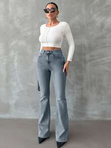 EURMUSE 98%Cotton Zip Front Skinny Flare Jeans PETITE - Dusty Blue - View 4