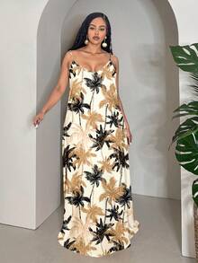 Slaydiva 大码度假风撞色树叶印花休闲无袖连衣裙，飘逸连衣裙，适合外出穿着，时尚百搭。 - 彩色 - 查看 4