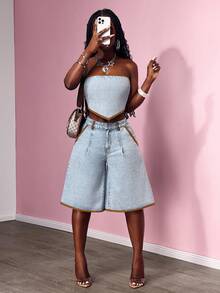 Slaydiva Quần short Bermuda nữ dáng rộng, phối màu tương phản, túi xéo, chất liệu denim. - Màu xanh lam - Xem 6