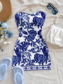 Soleia Women's Chinoiserie Floral & Tropical Parrot Colorblock Bohemian Print Mini Dress, Suitable For Outings, Beach, Travel, Matching Sets, Chic Spring - Multicolor - View 4