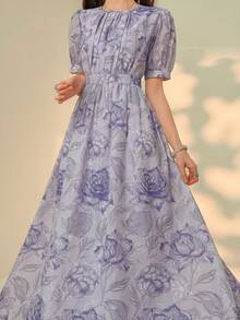 DAZY Women's Floral Print Round Neck Puff Sleeve Elegant Mid-Length Dress - Mauve Purple - View 7