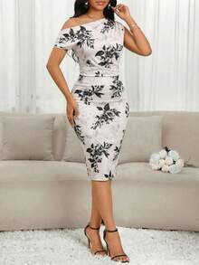 SHEIN Lady 女士优雅印花中长连衣裙，不对称肩部设计 - 彩色 - 查看 3