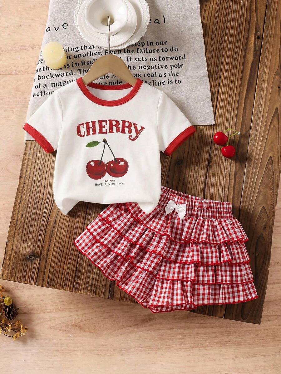 SHEIN 2件套女婴针织纯色樱桃图案休闲T恤和梭织格子短裤套装 - 彩色 - 查看 1