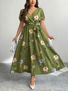 Firerie Đầm nghỉ mát cỡ lớn dành cho nữ, cổ chữ V, dáng rộng, thắt eo, họa tiết ngẫu nhiên, xẻ tà, thích hợp mặc mùa hè. - màu xanh lá - Xem 4