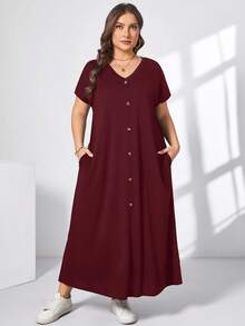 SHEIN Essnce 大码女装春夏时尚休闲宽松舒适日常短袖黑色V领口袋长裙，适合夏季穿着，也适合女士出席教会活动、展现优雅气质、教师着装以及机场出行。 - 玫瑰紅 - 查看 6