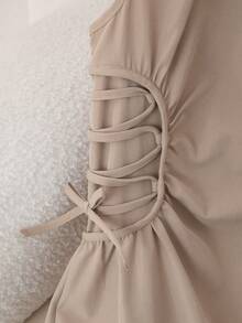 SHEIN Tween Girl Fashionable & Elegant Khaki Dress With White Peter Pan Collar Sleeveless Cinched Waist A-Line Midi Dress Tween Girls Casual Chic Commuter Elegant Khaki Dress - Khaki - View 14