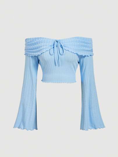 SHEIN MOD Plus Size Light Blue Textured Jacquard Off-Shoulder Flare Sleeve T-Shirt With Bow Tie Drawstring Ruched Decor.Plus Size Light Blue Off Shoulder Top Ribbed Knit Fabric Flared Sleeves Tie Front Detail Scalloped Edges Textured Material Cropped Length Feminine Look Soft Stretch Elegant Style Gentle Sheen Subtle Ruffle Trim Romantic Silhouette Breathable Comfort Delicate Appearance Playful Charm