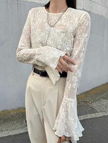 FRIFUL 女士圆领蕾丝面料修身喇叭袖纯色休闲T恤长袖上衣度假装 - 杏色 - 查看 7