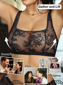 SHEIN 1pc Fashionable Sexy Sheer Lace Wireless Bra For Women - Black - View 5