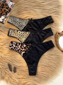 SHEIN 3 Stücke/Pack Damen Große Größen Sexy Leoparden Muster Bikini Slips - Verschiedenfarbig - Übersicht 1