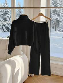 Franclia Bộ 2 món quần ống rộng và áo len kiểu dáng thể thao Hàn Quốc dễ thương, đa năng dành cho nữ, thích hợp cho mùa Thu/Đông. - màu đen - Xem 2