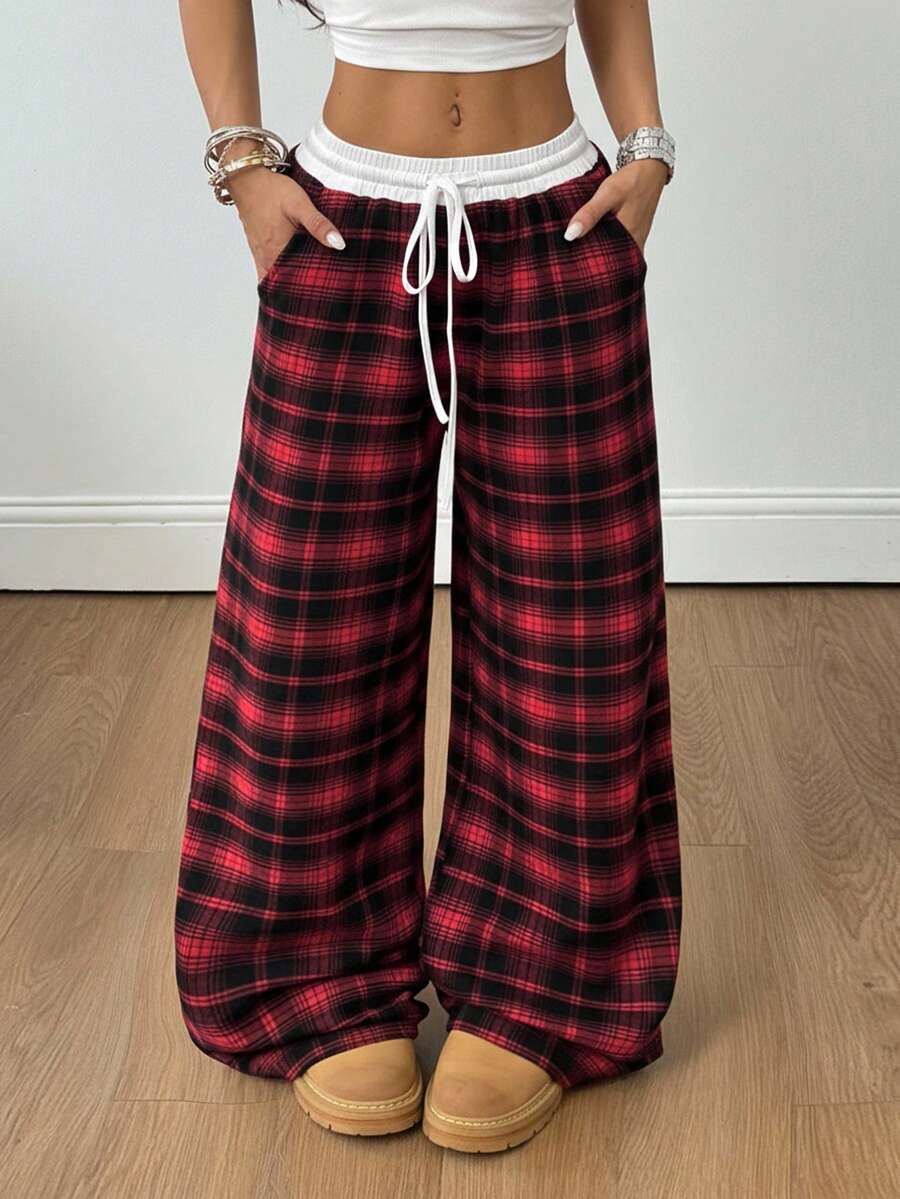 Coolane Women's Plus Size Spring/Summer Casual Daily Wear Basic Loose Checked Plaid Patchwork Wide Leg Pants
