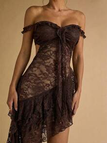 SHEIN BAE 夏季女士绿色吊带露背荷叶边3D立体花卉蕾丝连衣裙，度假连衣裙，夏季连衣裙，优雅连衣裙 - 咖啡棕 - 查看 6