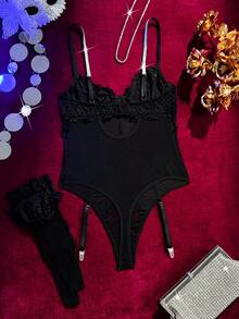 SHEIN 3件套浪漫蕾丝拼接网纱水钻装饰性感内衣套装 - 黑色 - 查看 2