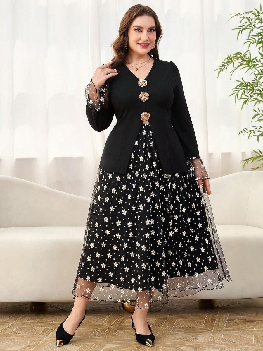 Reflora 大尺碼女款兩件套優雅星空黑白花卉網紗拼接夾克裙，夏季婚禮早午餐正式賓客禮服派對套裝