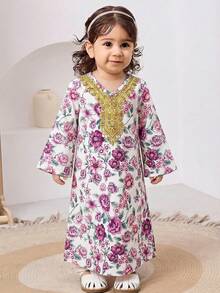 Vestido Casual Solto com Decote em V de Manga Longa com Estampa Floral Miúda e Babados para Menina - Multicolorido - Visão 3