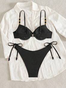 Swim Chiccia Women's Solid Color Steel Bra Spaghetti Strap Pearl Decor Triangle Panty Side Tie 2-Piece Set - Black - View 4