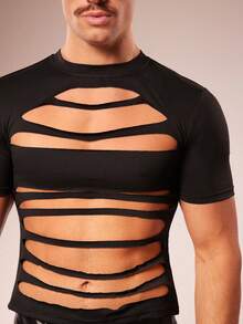 FeverCity Men's Fashionable Sexy Hollow-Cut Short Sleeve T-Shirt, Summer - Black - View 3