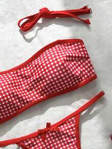 Swim Mod Conjunto de bikini de mujer con estampado aleatorio a cuadros, con escote halter y lazo, para primavera/verano - Multicolor - Ver 6