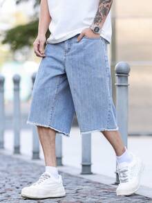 Manfinity Homme 男士毛边斜插口袋休闲提花阔腿牛仔短裤 - 淺色水洗藍 - 查看 5