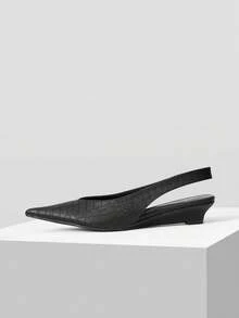 MOTF PREMIUM FASHIONABLE CROCODILE PATTERN PU LEATHER POINTED TOE BUCKLE WEDGE HEELS SLINGBACKS PUMPS FOR WORK & COMMUTE - Black - View 2