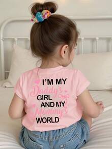 母亲节，英文标语心形蝴蝶结设计，“我是妈妈的世界”，女婴休闲白色舒适短袖圆领上衣，适合夏季穿着 - 淺粉色 - 查看 2