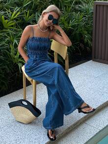 DAZY Women's Summer Pleated Waist Loose Wide-Leg Jeans Jumpsuit, Casual City Style - Medium Wash - View 6