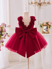 Glamorique Kids 女婴勃艮第缎面网眼高端礼服，3D 花朵，大蝴蝶结后背，蓬松裙摆，适合圣诞节、万圣节、婴儿生日派对，无袖套头连衣裙，适合庆祝、宴会、派对 - 酒紅色 - 查看 3