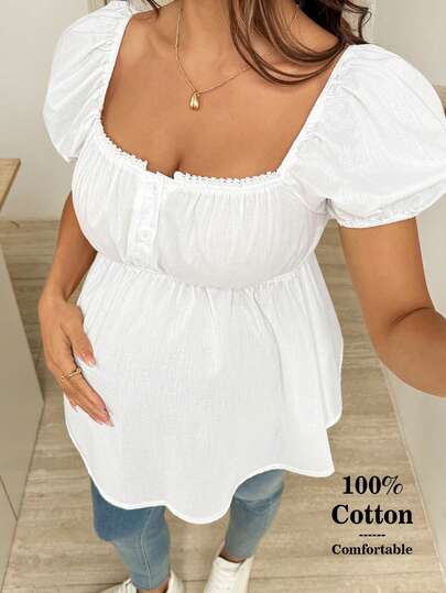 SHEIN Blusa de manga curta casual para gestantes, cor sólida, decote quadrado, busto franzido