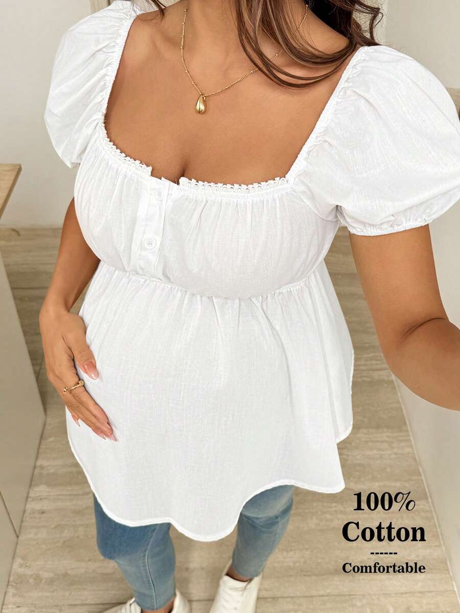 SHEIN 孕妇纯色方领褶皱胸部休闲短袖衬衫 - 白色 - 查看 1