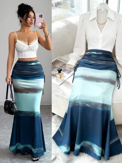 GlowEve Vintage Tie-Dye Print Pleated High Waist Slim Fit Fishtail Hem Skirt, Elegant & Chic Design, Versatile For Women, Suitable For Back To School Season In Spring & Autumn